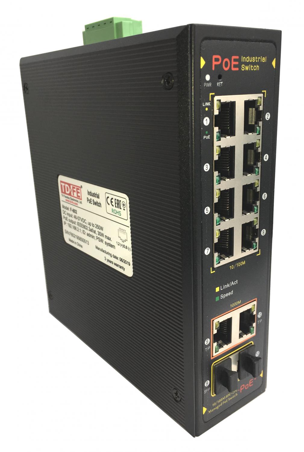 F-802 Индустриальный  PoE коммутатор на 8 портов
