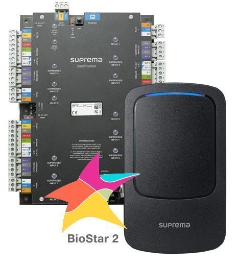 Suprema CST-4DR-R2. Комплект СКУД: мастер-контроллер CS-40 + считыватель BioEntry R2 (4 шт.) + ПО BioStar2 Starter + мобильные идентификаторы 